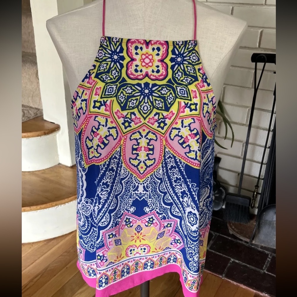 Sweet Wanderer Top Womens Small Blue Pink Yellow Scarf Print Strappy Racerback